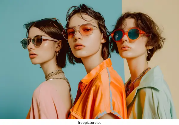 Three Women Wearing Sunglasses in Colorful Outfits