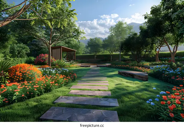 Courtyard with a stone path, flowers and a pavilion