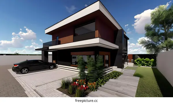 Modern House Exterior Design with Wooden Facade and Landscaping