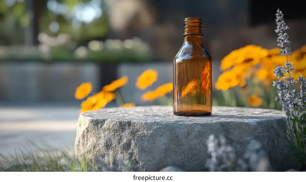 Amber Glass Bottle on Stone Outdoor Setting