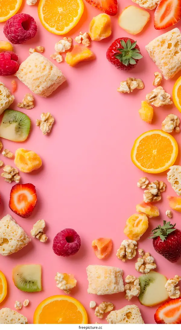 Pink Background with Variety of Fruit and Cereal