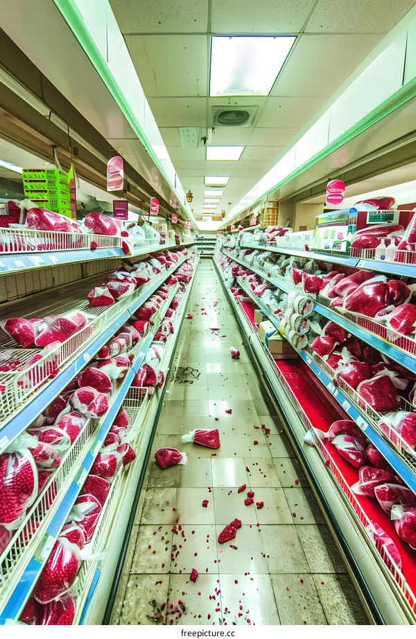 Grocery Store Aisle with Spilled Red Berries