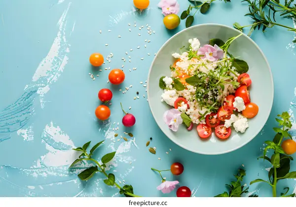 Fresh Cottage Cheese Salad with Cherry Tomatoes and Herbs on Blue Background