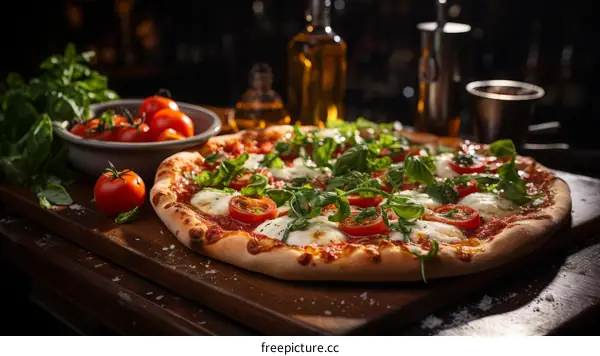 Close-up photo of a delicious pizza with fresh tomatoes, basil, and melted mozzarella cheese