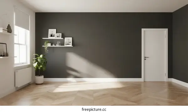 Modern and minimalistic empty room with dark wall and wooden floor