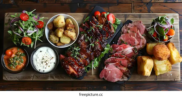 Appetizer Platter with Roast Beef, Pork, and Salads