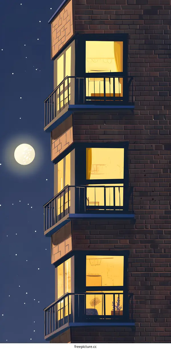 Night View of Apartment Building With Balcony and Lights