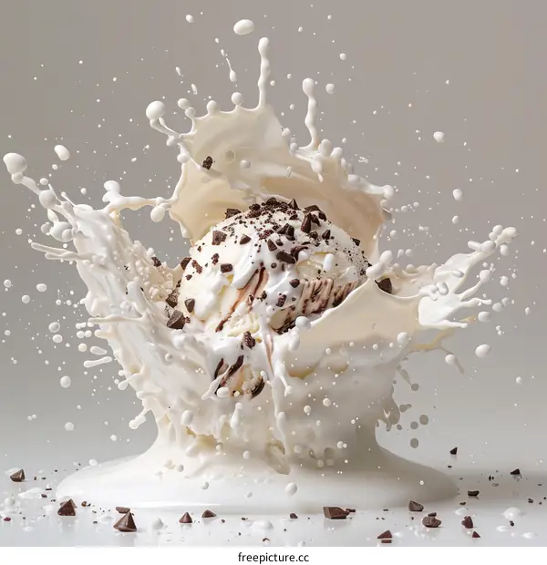 Ice Cream and Chocolate Chips in Milk Splash