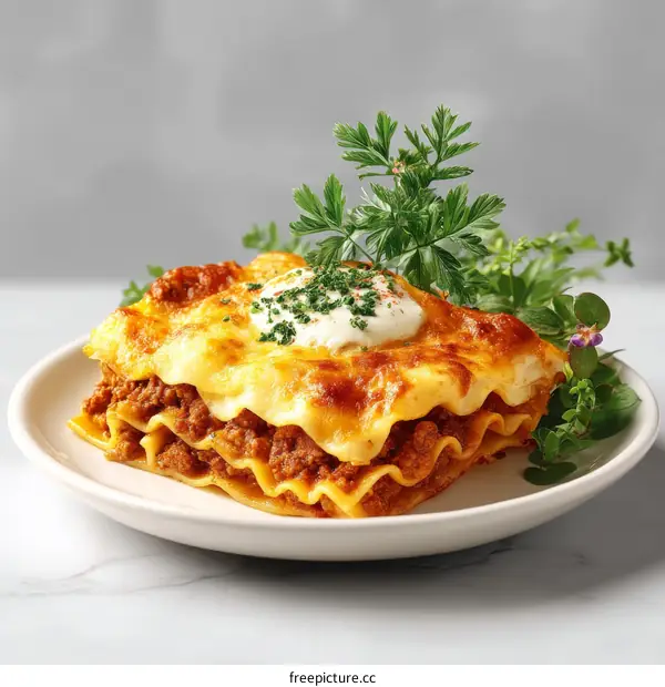 Delicious Beef Lasagna Served on Plate with Herbs