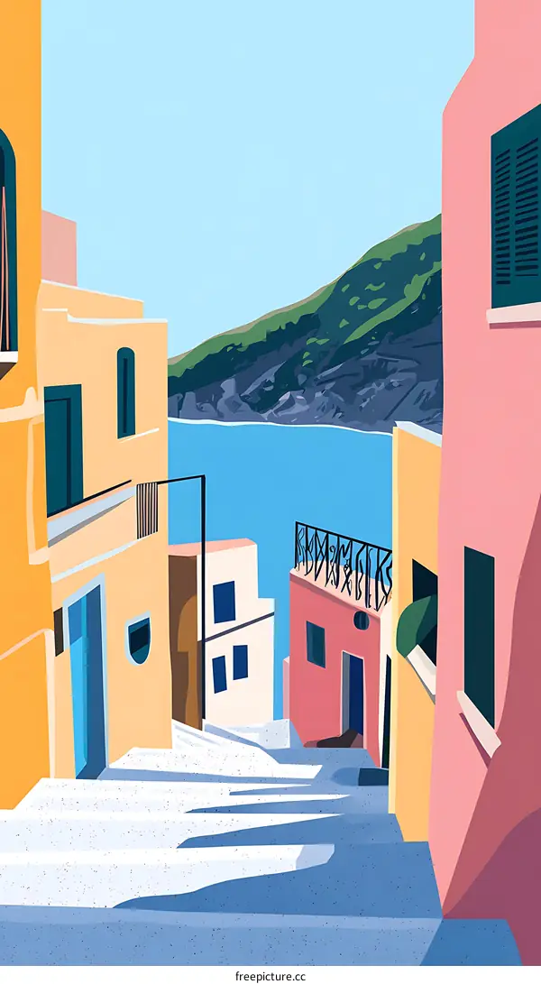Illustration Of Colorful Buildings In A Coastal Town