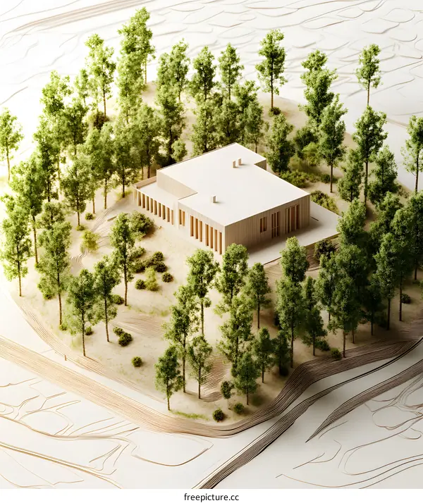 Wooden Model House in a Forest Setting