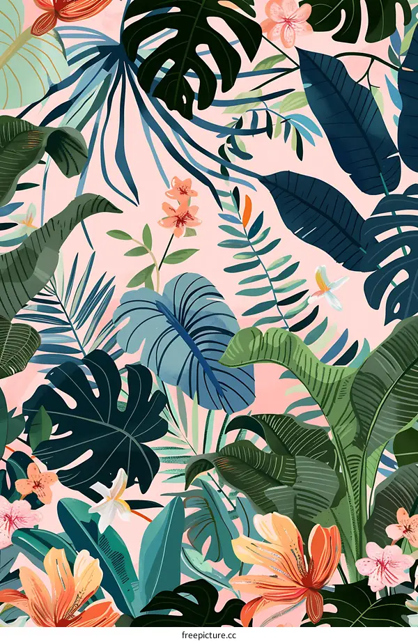 Tropical Floral Pattern Illustration With Pink Background