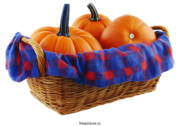 [Transparent Background PNG]Pumpkins in a Wicker Basket with a Plaid Cloth