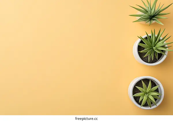 Three Green Plants in White Pots on Yellow Background