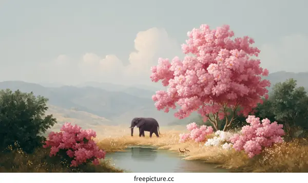 Peaceful Springtime Landscape with Elephant