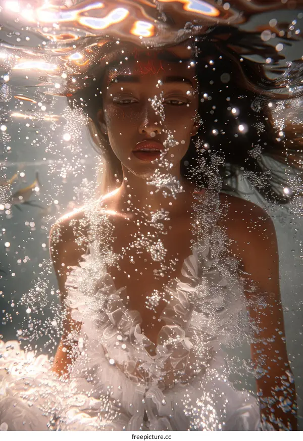 Woman in Sparkling Water with Flowing Dress and Hair