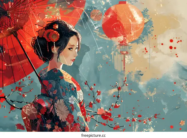 An Asian woman in a kimono holding a red umbrella.