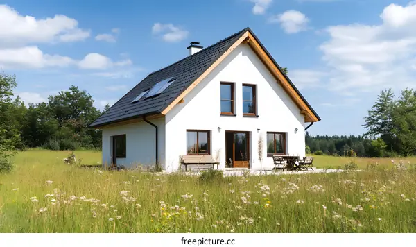 Modern White House with Black Roof in Meadow