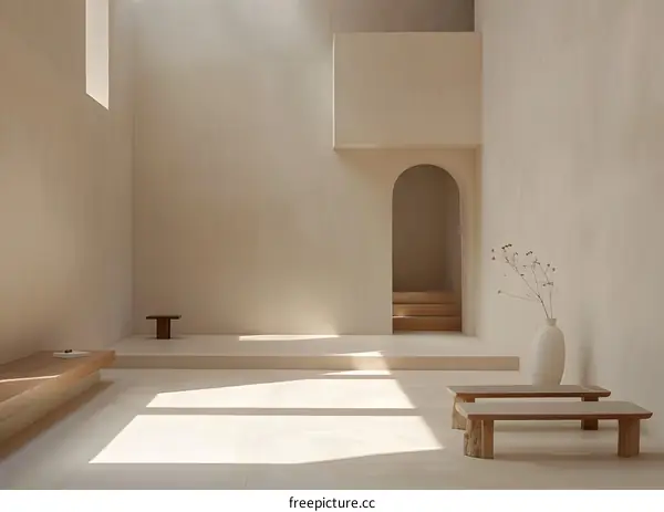 Minimalist Interior Design With Wooden Benches and Sunlight