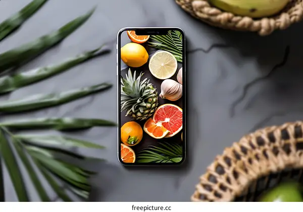 Fruit Display on Smartphone Screen with Green Leaves