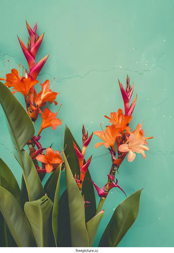 Orange and Red Flowers on a Teal Wall