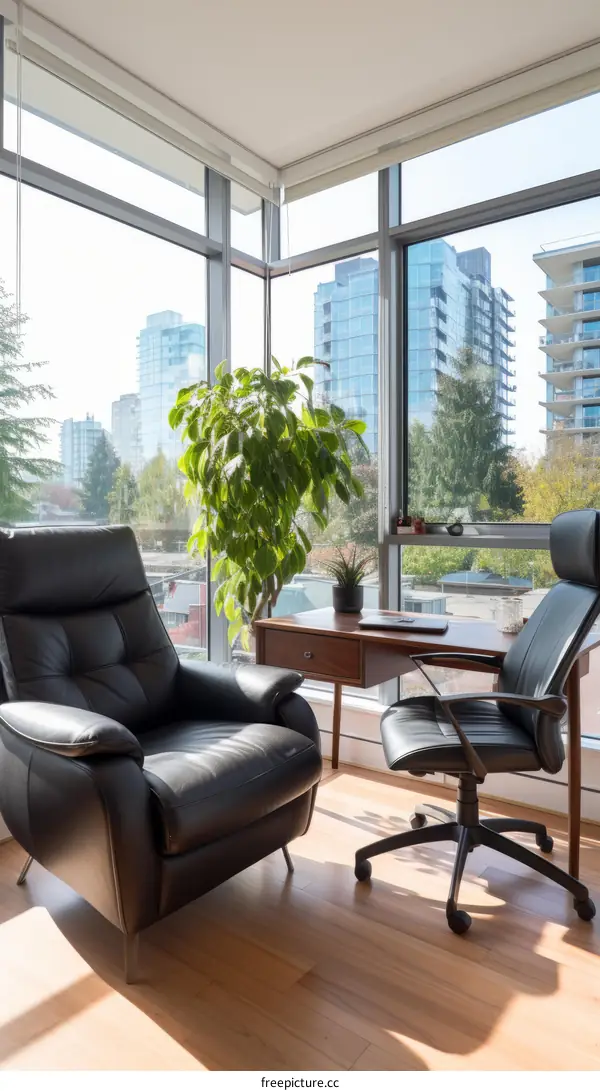 Home Office with Large Windows and City View