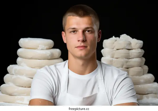 Portrait of a male baker standing with stacks of dough