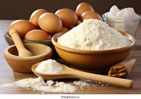 Baking Ingredients Arranged on Wooden Table