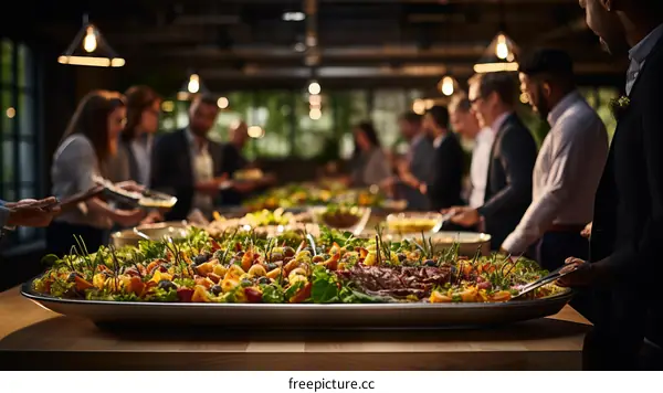Multi-ethnic group of business people at an office party enjoying a buffet of salads and charcuterie