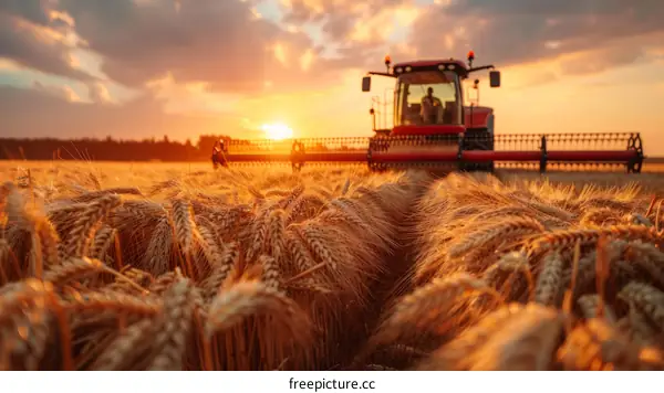 Tractor Harvesting Golden Wheat Field at Sunset