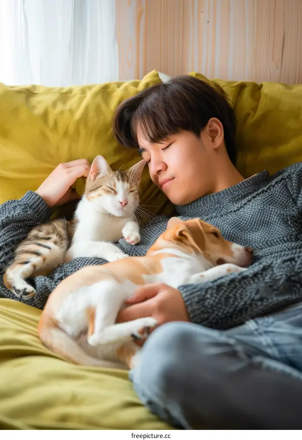 A young man is sleeping on a couch with a cat and a dog