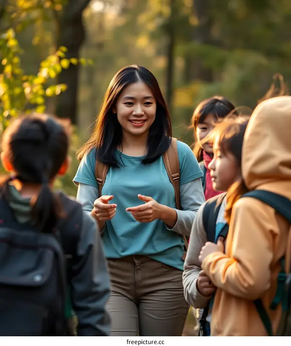 Group of Asian People Hiking in the Woods