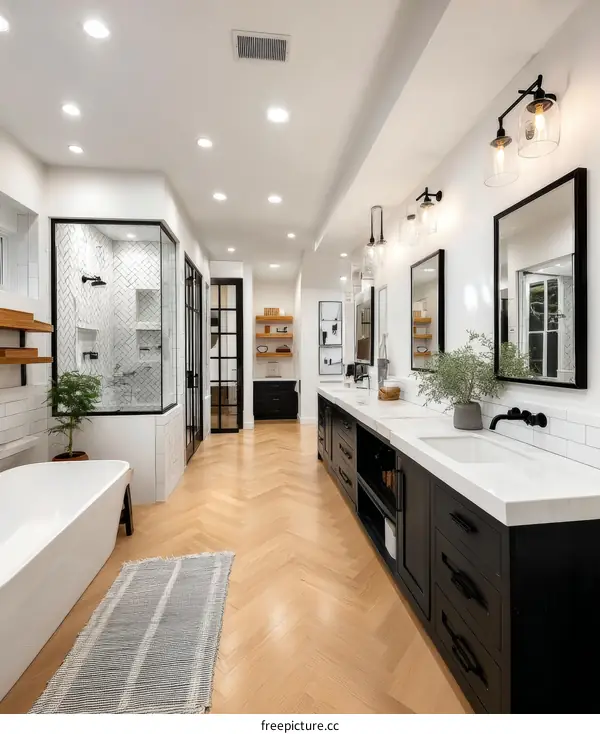 Modern Farmhouse Bathroom with Herringbone Flooring