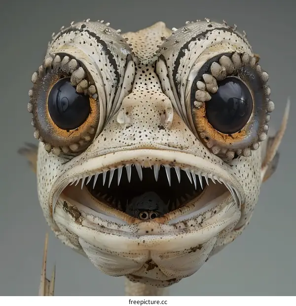 A close up of a fish with big eyes and sharp teeth