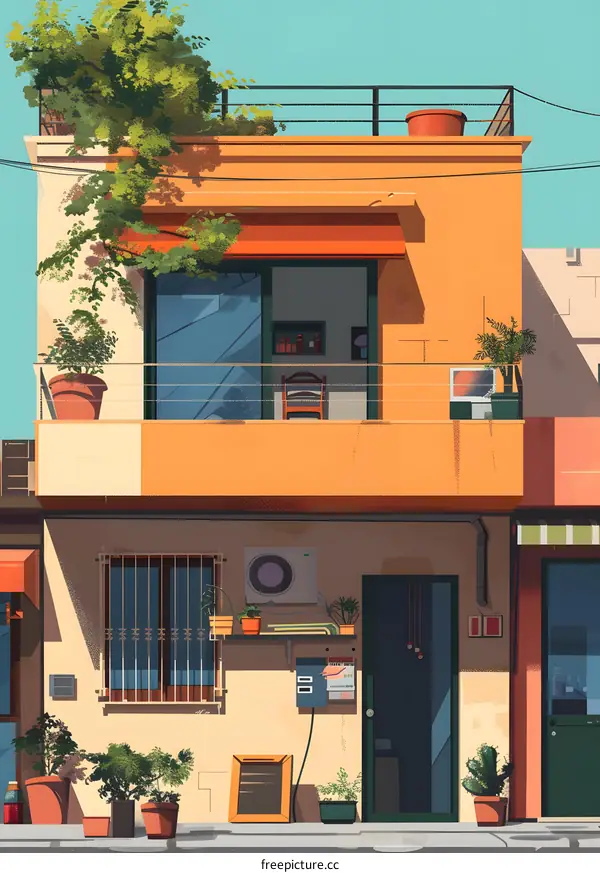 Mediterranean Style Building With Balcony And Plants Illustration