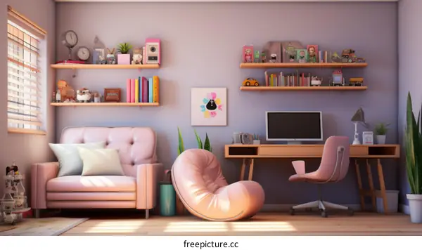 Cozy Home Office with Pink Couch and Desk