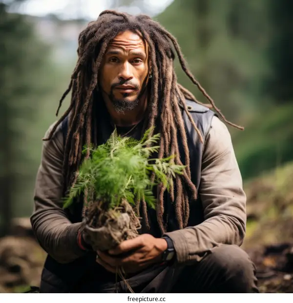 portrait of a black man holding a plant