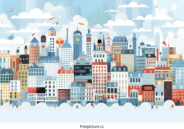 Colorful Cityscape Illustration With Buildings And People