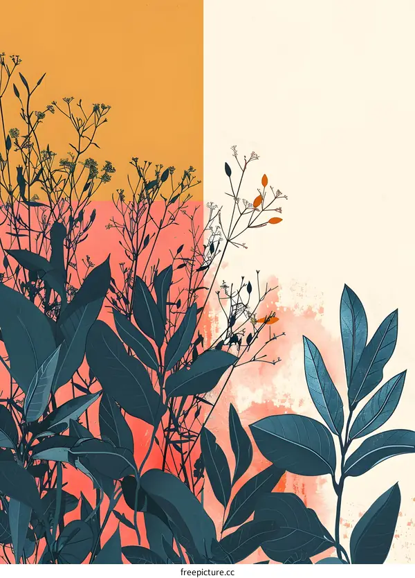 Abstract Floral Illustration with Blue Leaves on a Pink and Yellow Background