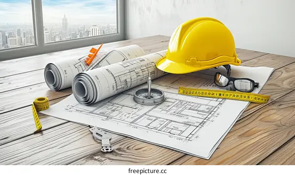 Construction plans and yellow hard hat on wooden table with measuring tape, compass and safety glasses