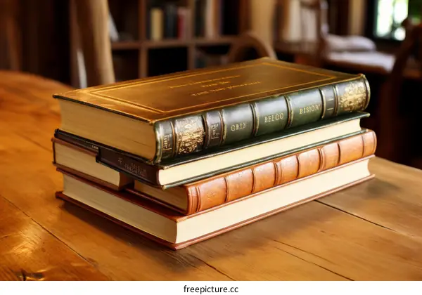 A stack of four old books on a wooden table