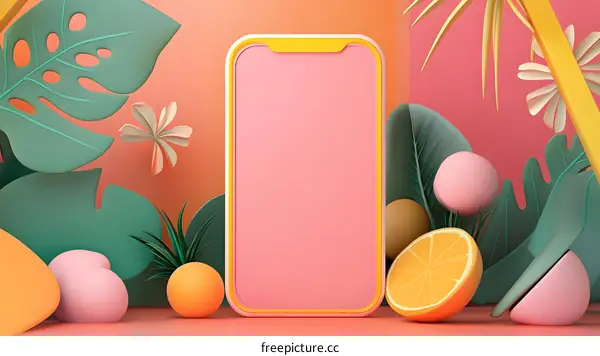 Summer Mobile Phone Mockup with Tropical Leaves and Fruits