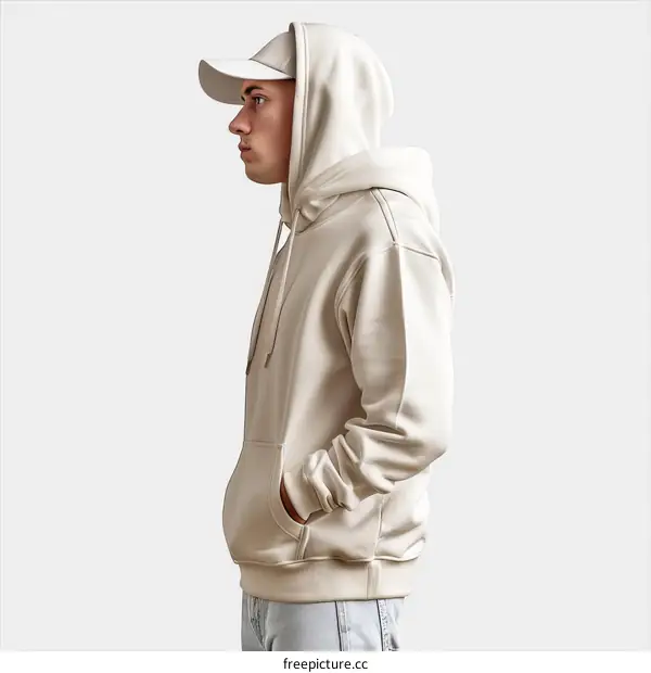 beige hoodie and white cap