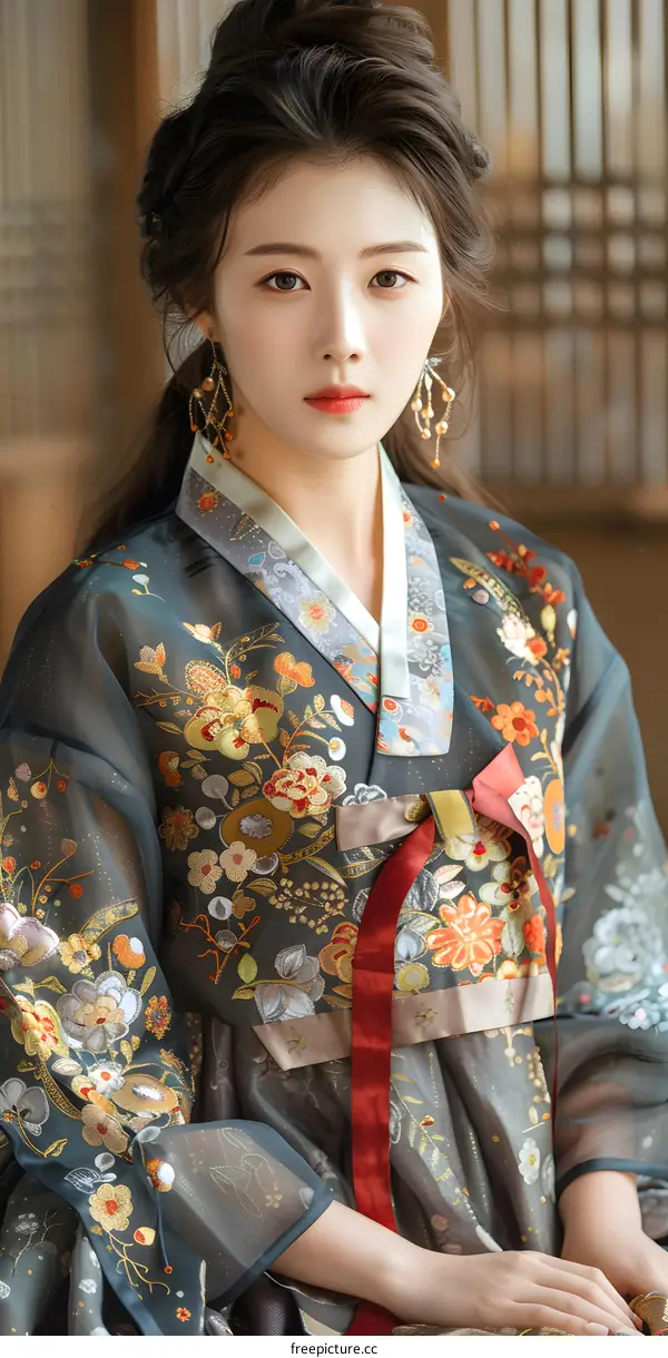 Portrait of a young woman in traditional Korean dress, or Hanbok