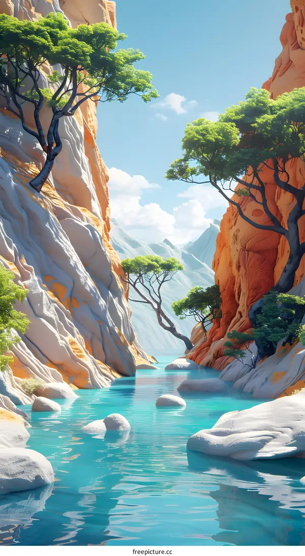 The river flows through the canyon