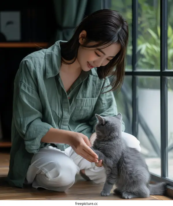 A young woman is playing with a gray cat on the floor