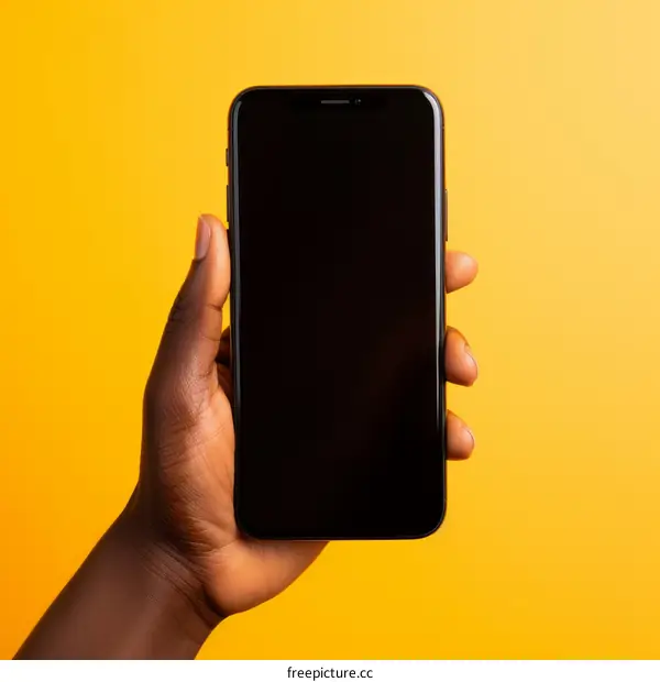 A hand holding a black smartphone with a blank screen