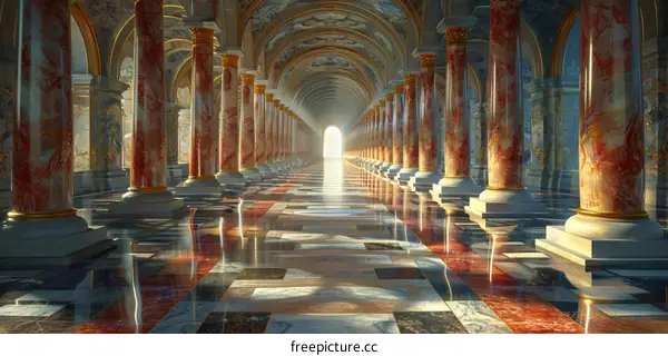A Majestic Marble Corridor with Ornate Columns and a Bright End