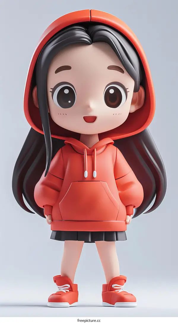 A cute 3D illustration of a girl wearing a red hoodie