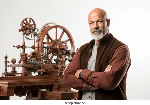 Craftsman standing with his wooden machine